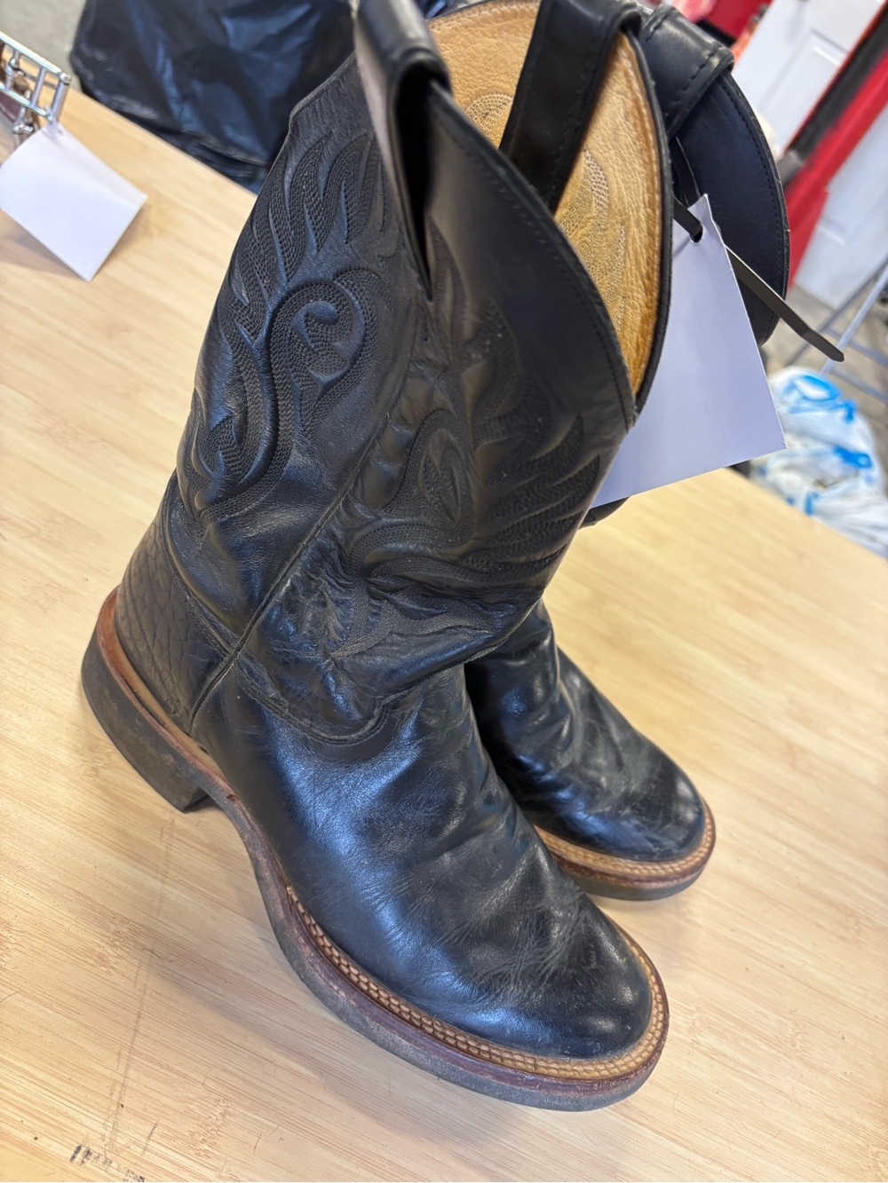 Justin Cowboy Boots Black Leather Western Cowboy Boots with Embossed Shaft - Picture 3 of 8